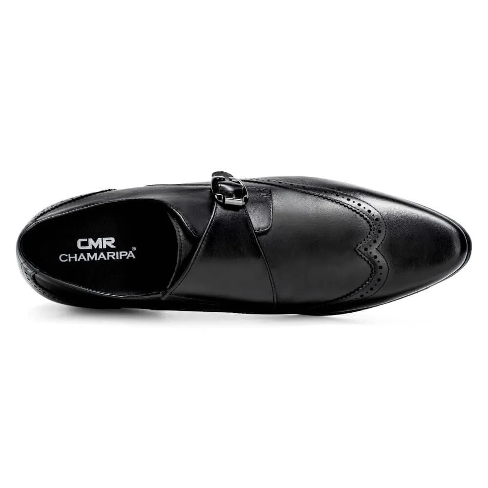 7 CM / 2.76 Inches - CMR CHAMARIPA Elevator Dress Shoes - Men's Dress Shoes With Height - Black Single Monk Strap Shoes