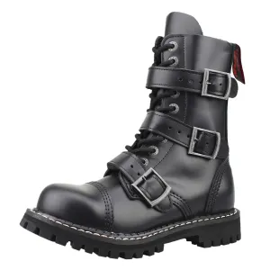 Angry Itch Black Leather Combat Boots | 10 Hole 3 Buckles