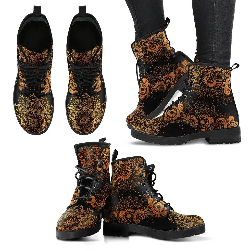 Black and Gold Paisley Mandala  Memory Foam Boots | All Season Lace Up Boots | Vegan Leather Combat Boot by Manifestie