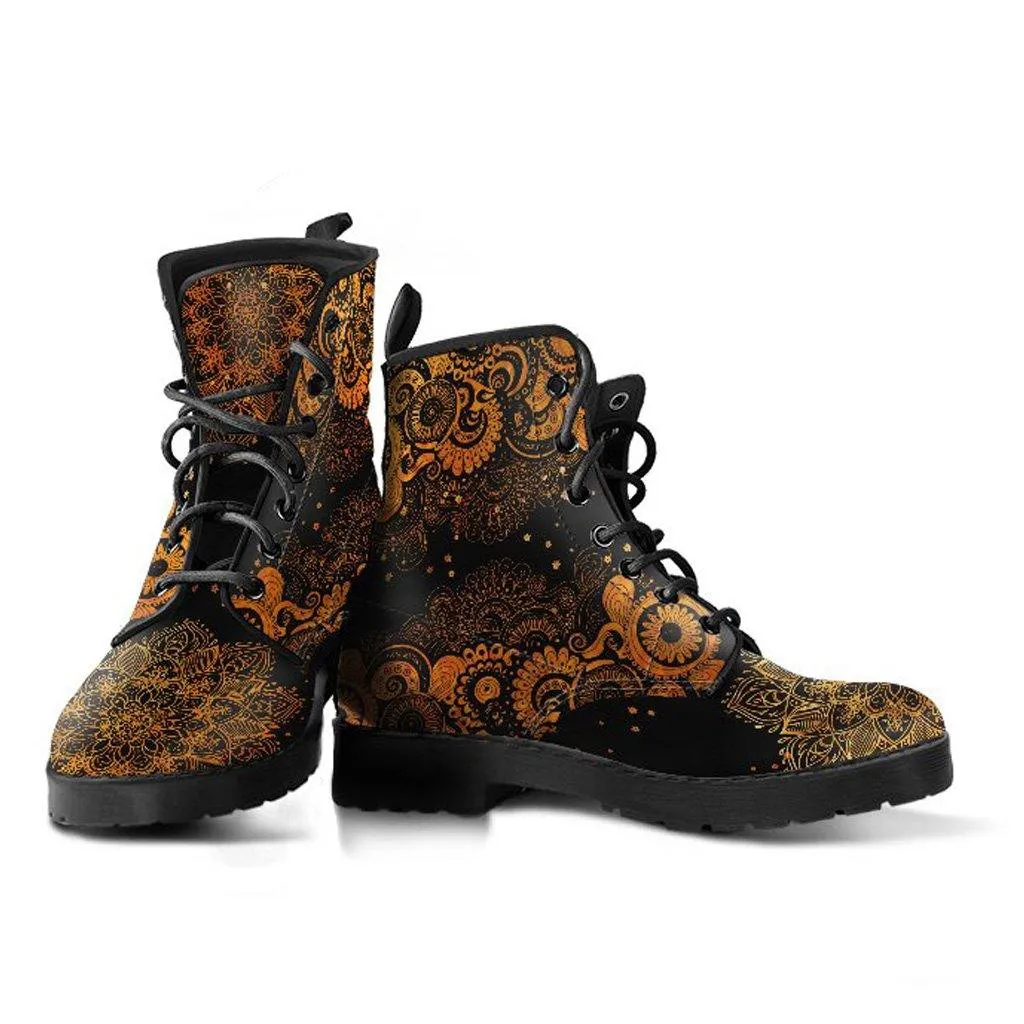 Black and Gold Paisley Mandala  Memory Foam Boots | All Season Lace Up Boots | Vegan Leather Combat Boot by Manifestie