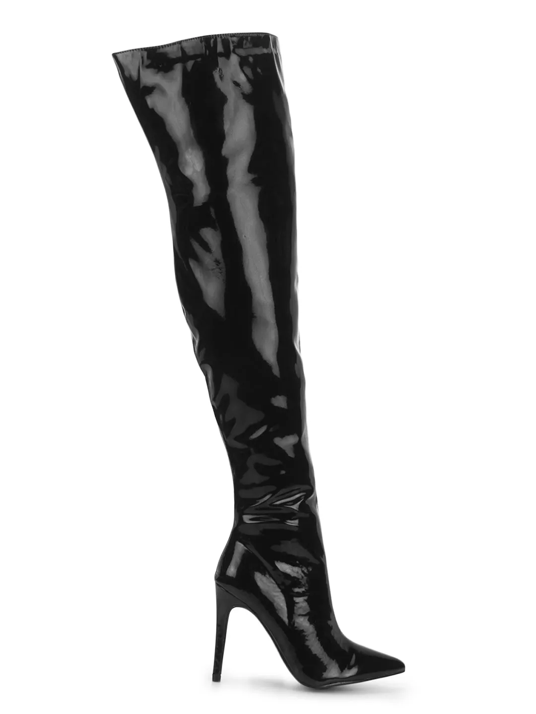 Black Metallic Pointy Toe Long Boots