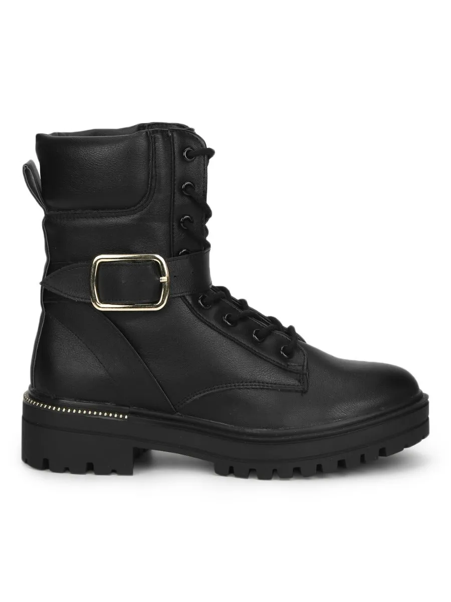 Black PU Combat Lace Up Ankle Boots With Buckle