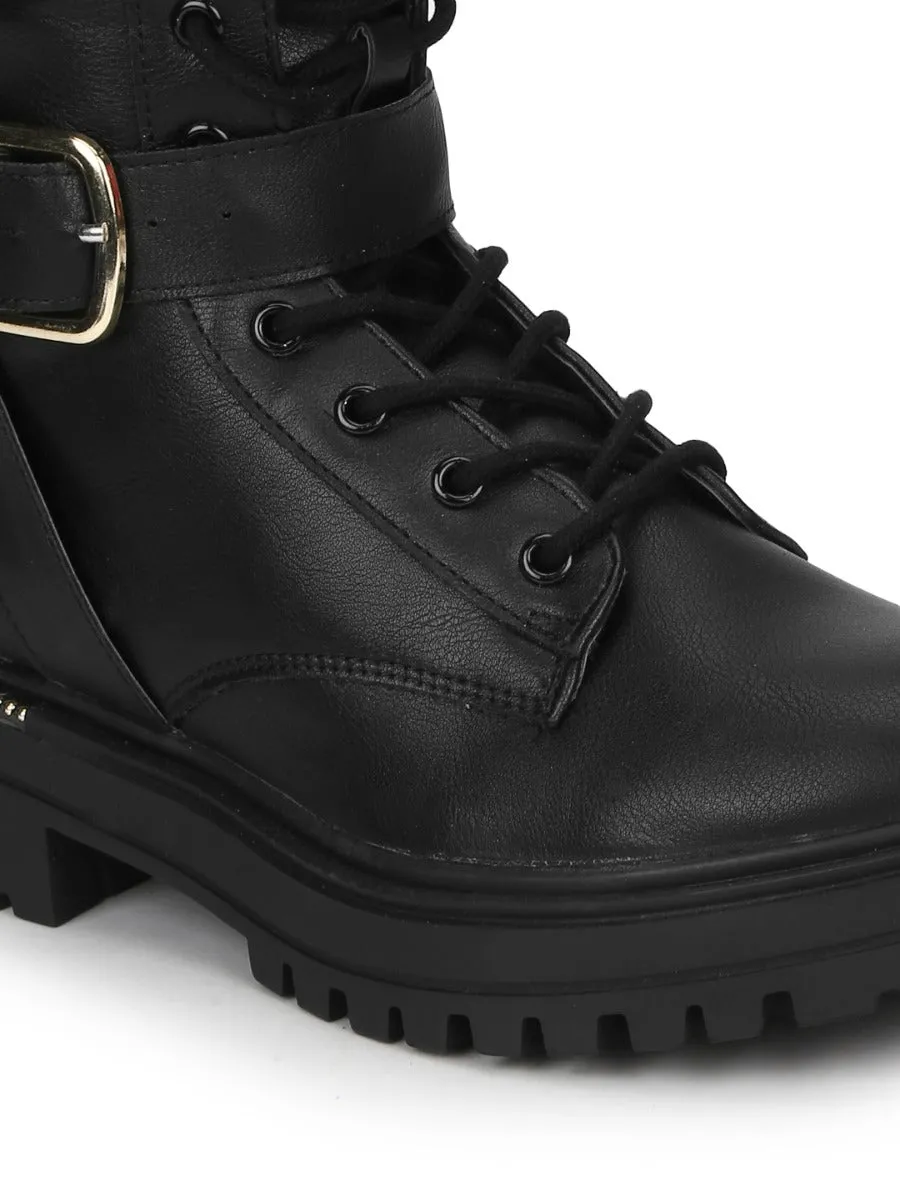 Black PU Combat Lace Up Ankle Boots With Buckle