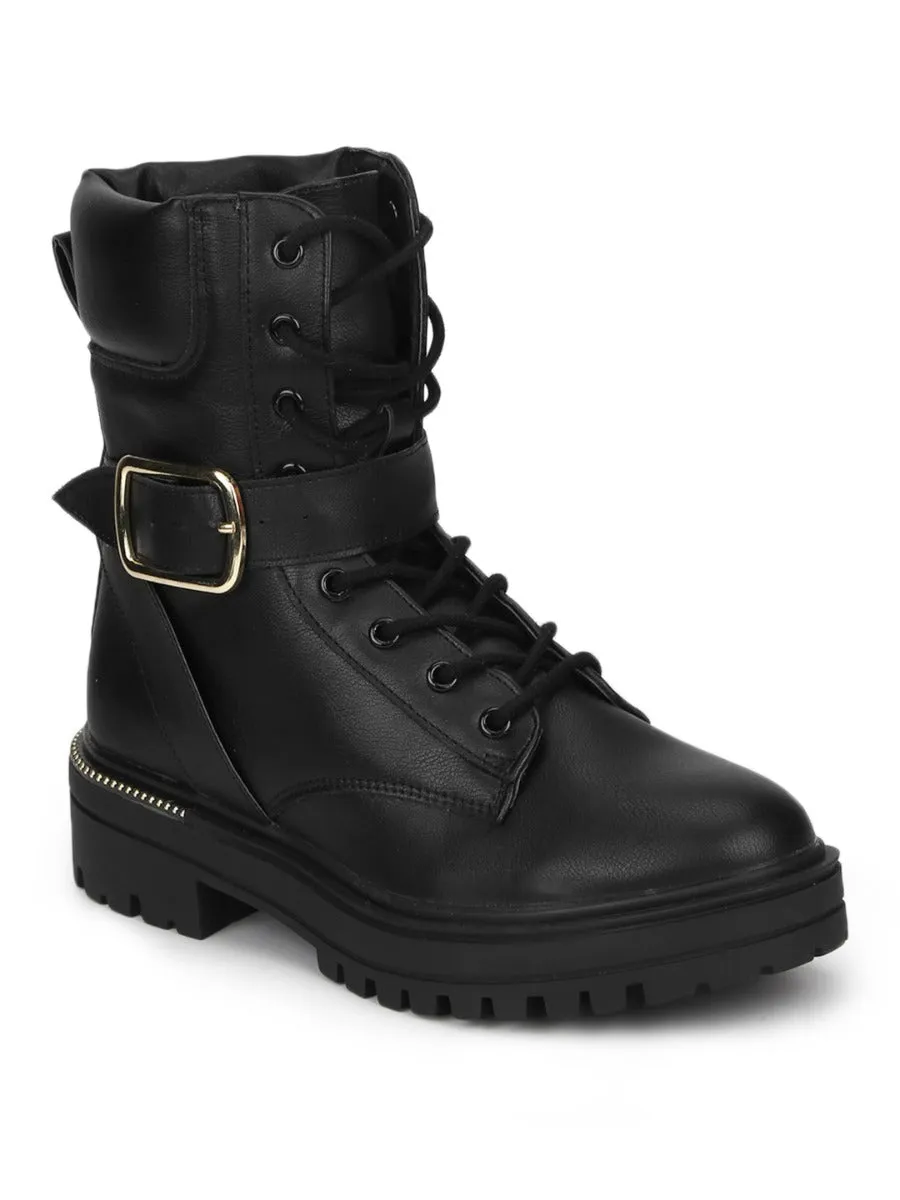 Black PU Combat Lace Up Ankle Boots With Buckle