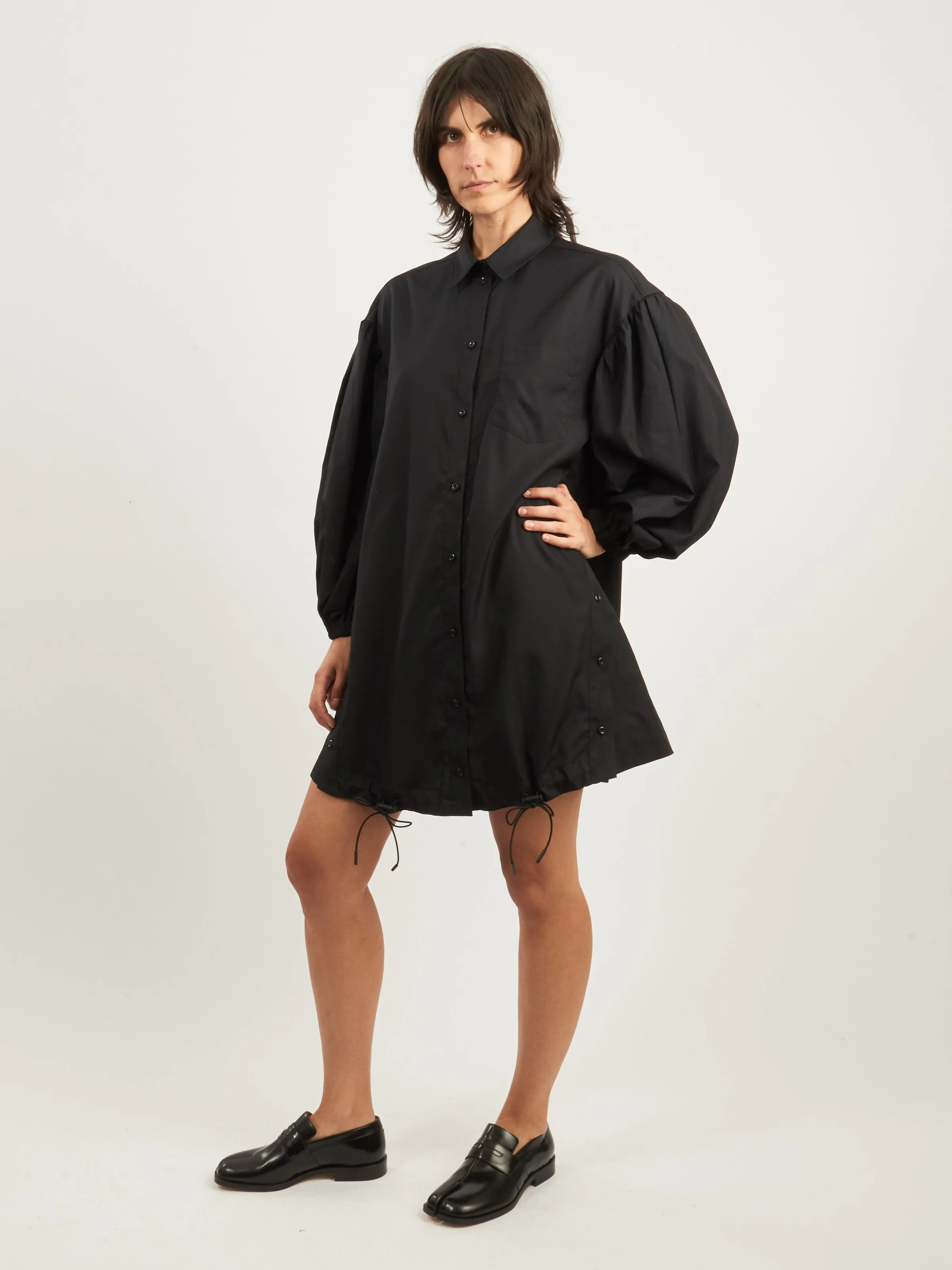 Black Puff Sleeve Shirt Dress w/ Button Placket Detail