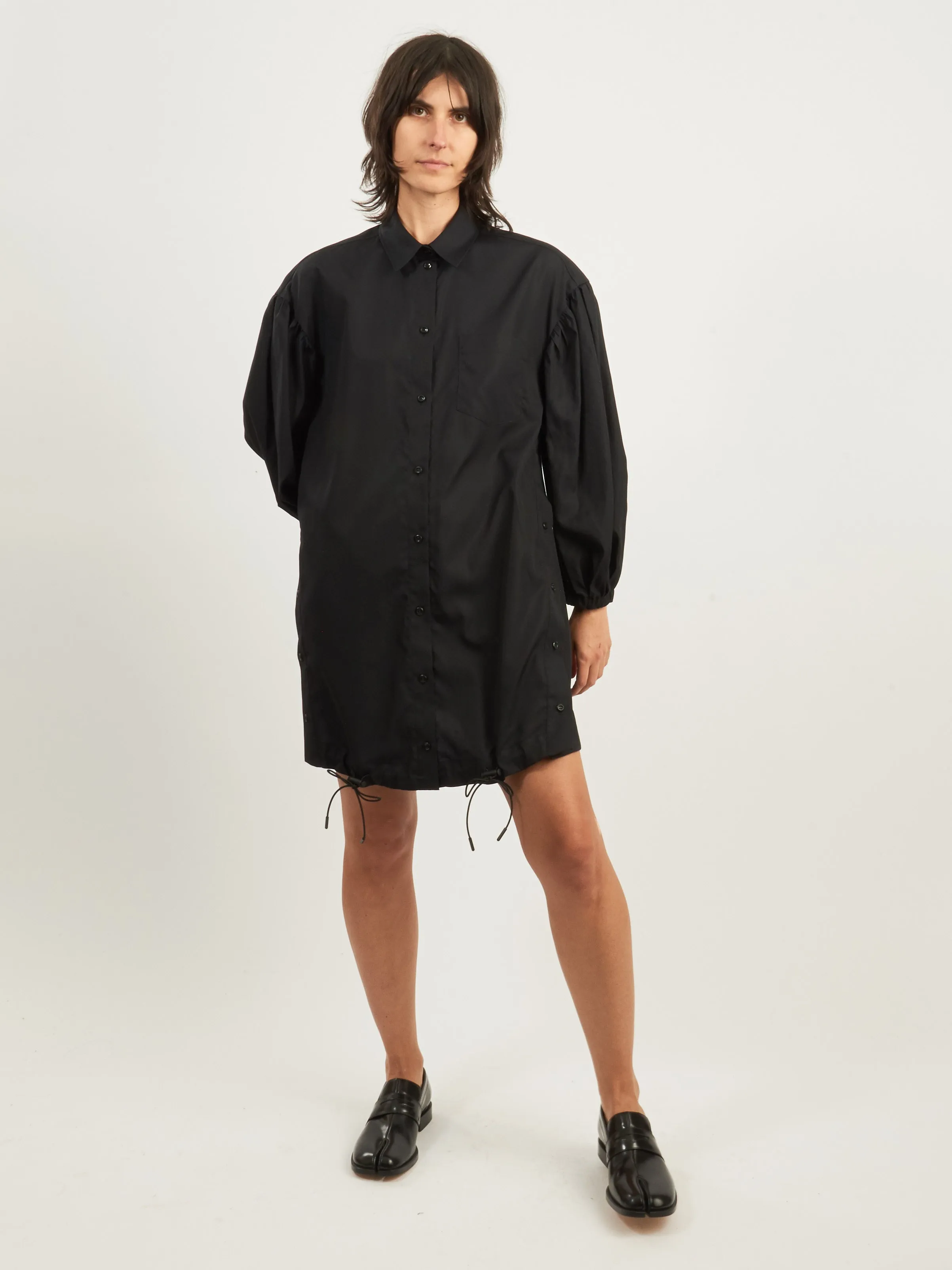 Black Puff Sleeve Shirt Dress w/ Button Placket Detail