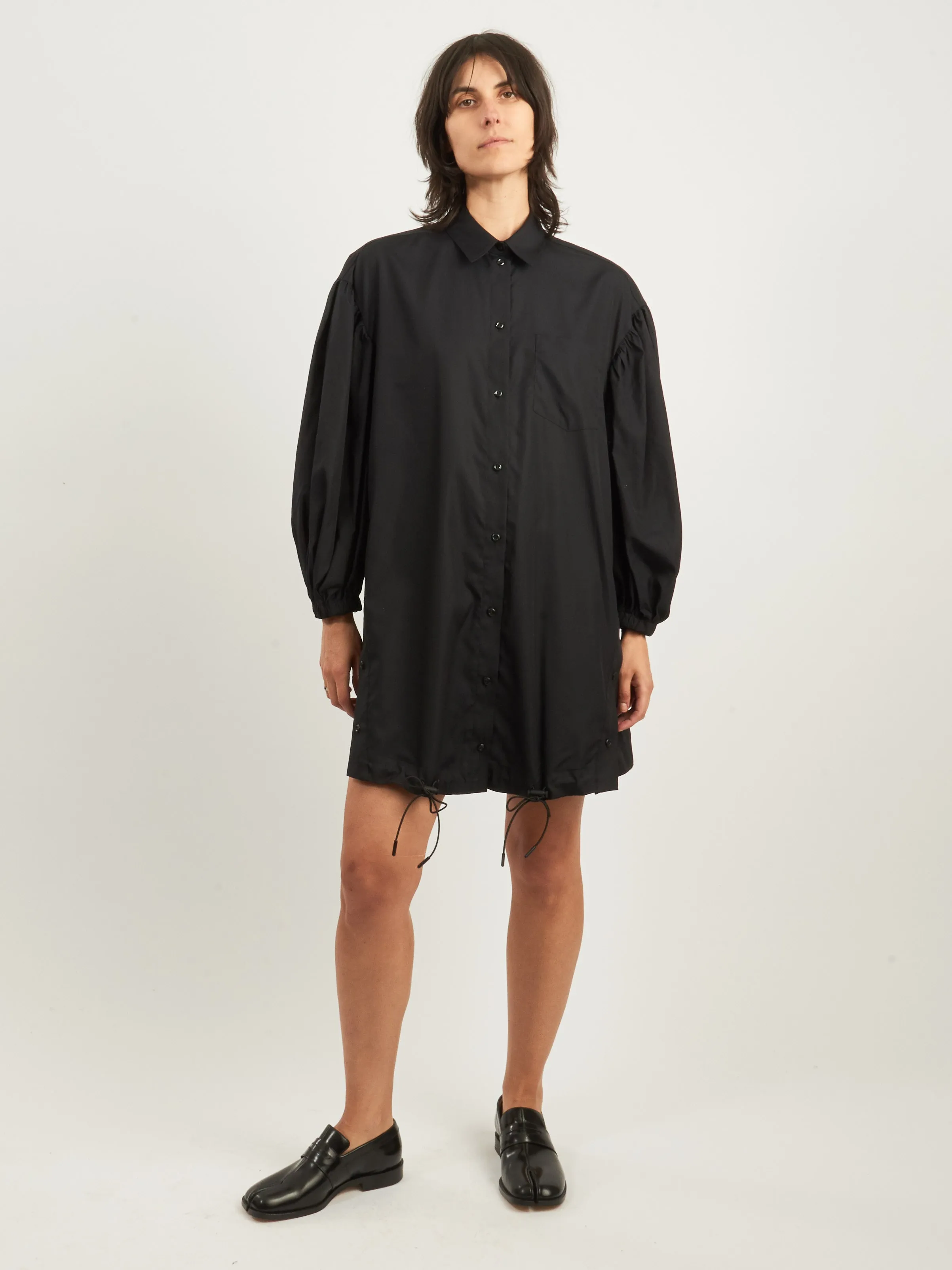 Black Puff Sleeve Shirt Dress w/ Button Placket Detail