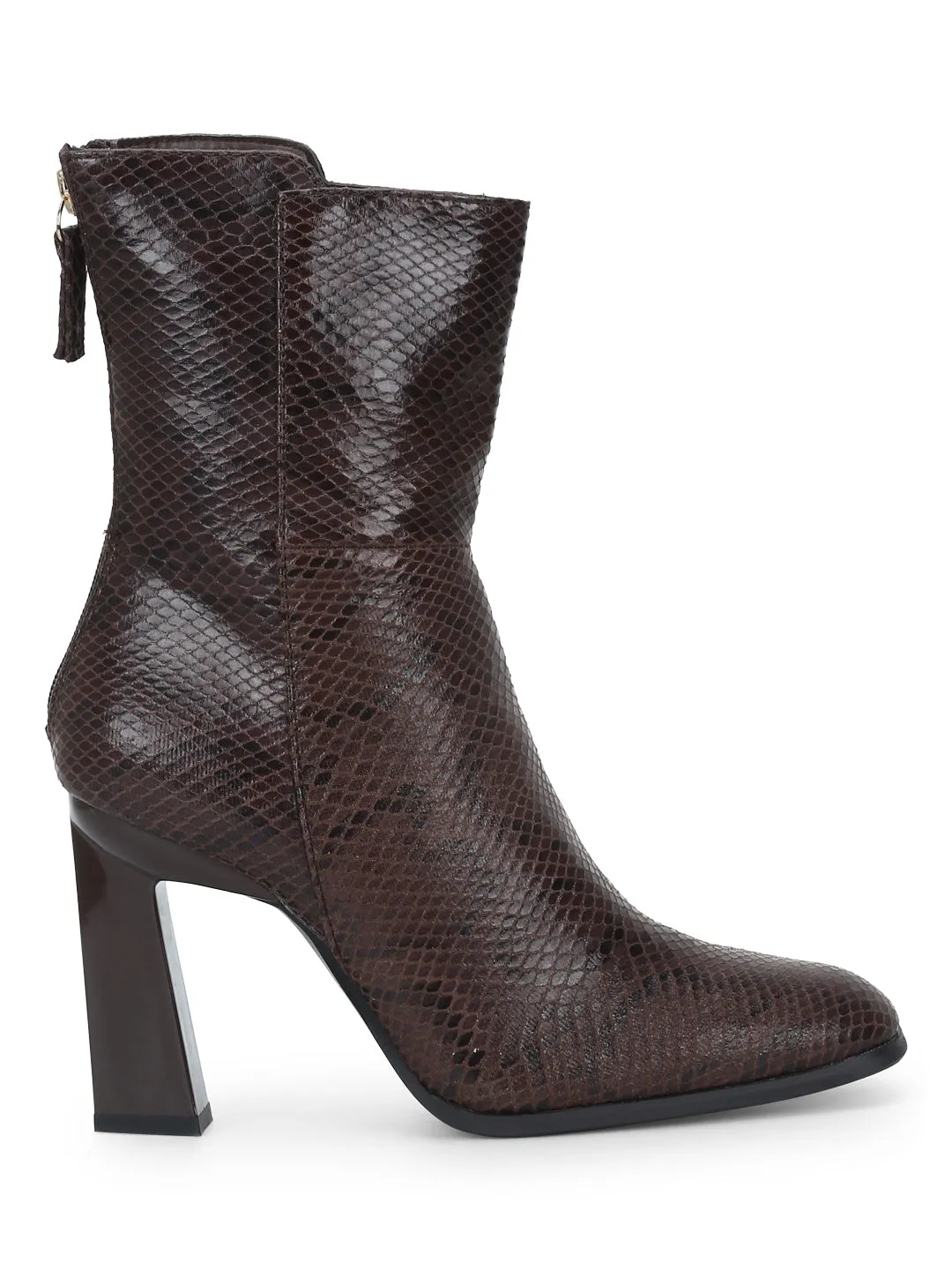 Brown Snake Zipper Ankle Length Boots