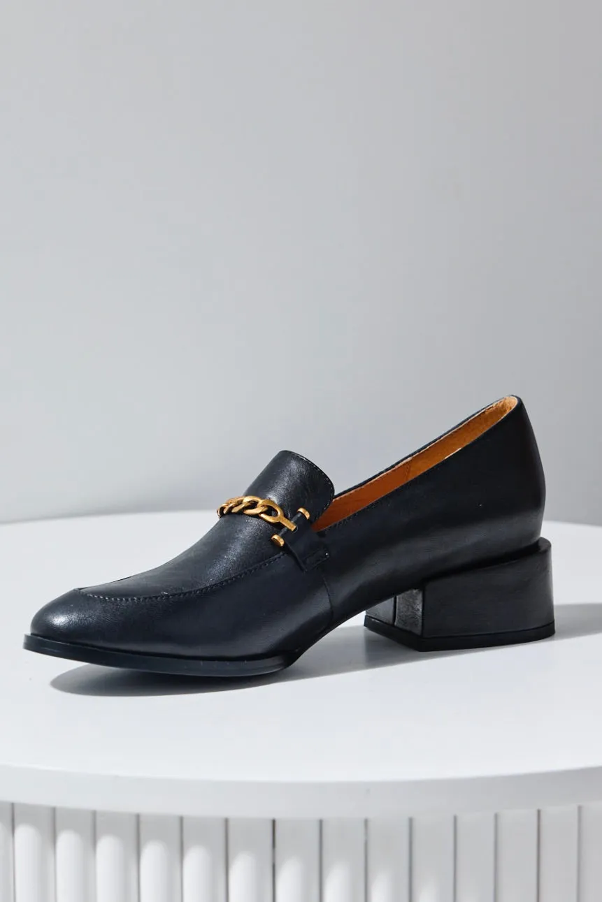 Castella Black Leather Gold Chain Loafer