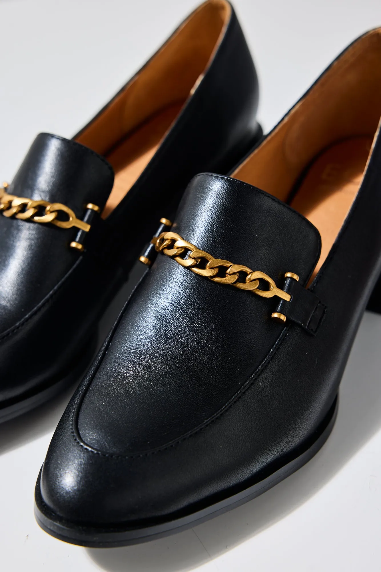 Castella Black Leather Gold Chain Loafer