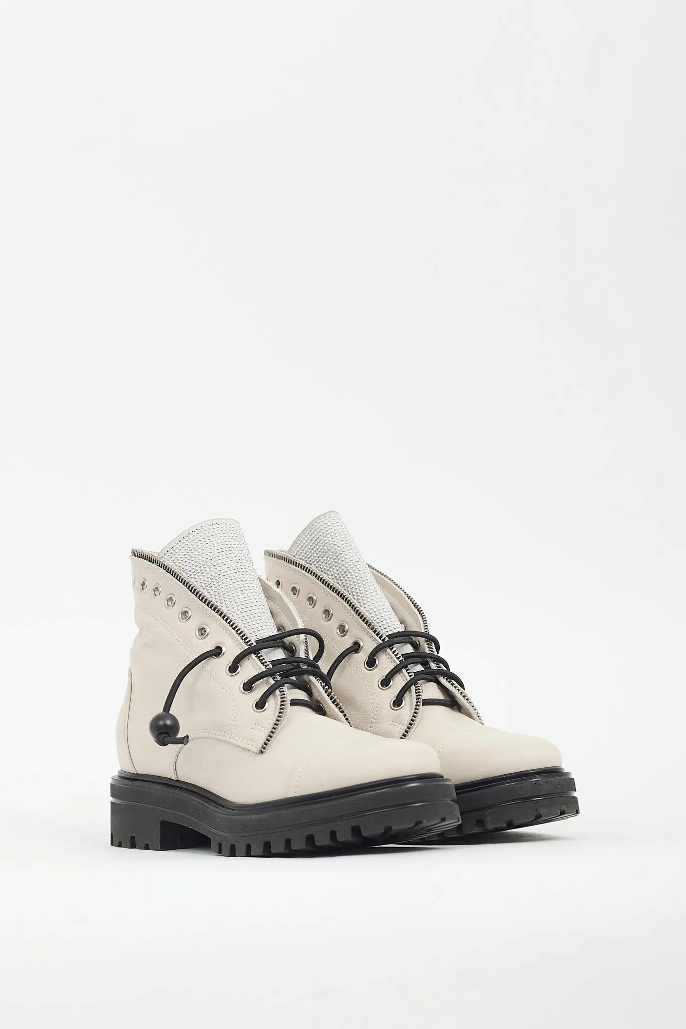 Cream Leather Strass Combat Boot