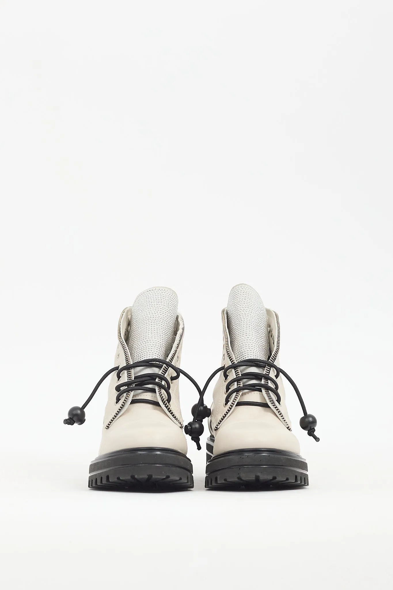 Cream Leather Strass Combat Boot