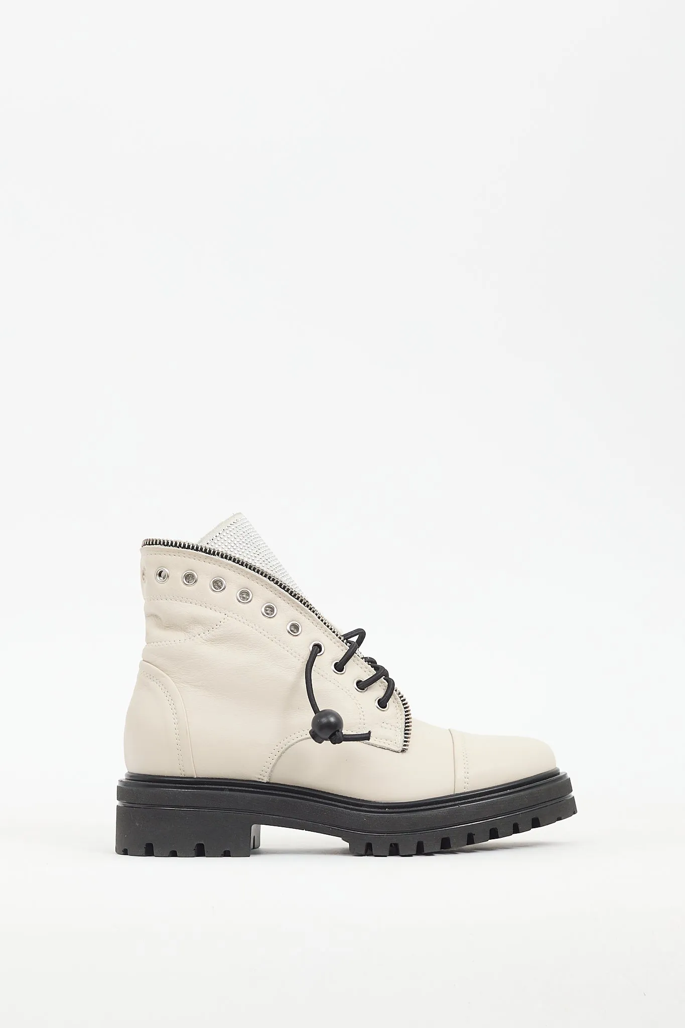 Cream Leather Strass Combat Boot