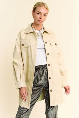 Davi & Dani Faux Leather Button Up Jacket with Chest Pockets In Beige