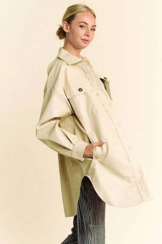 Davi & Dani Faux Leather Button Up Jacket with Chest Pockets In Beige