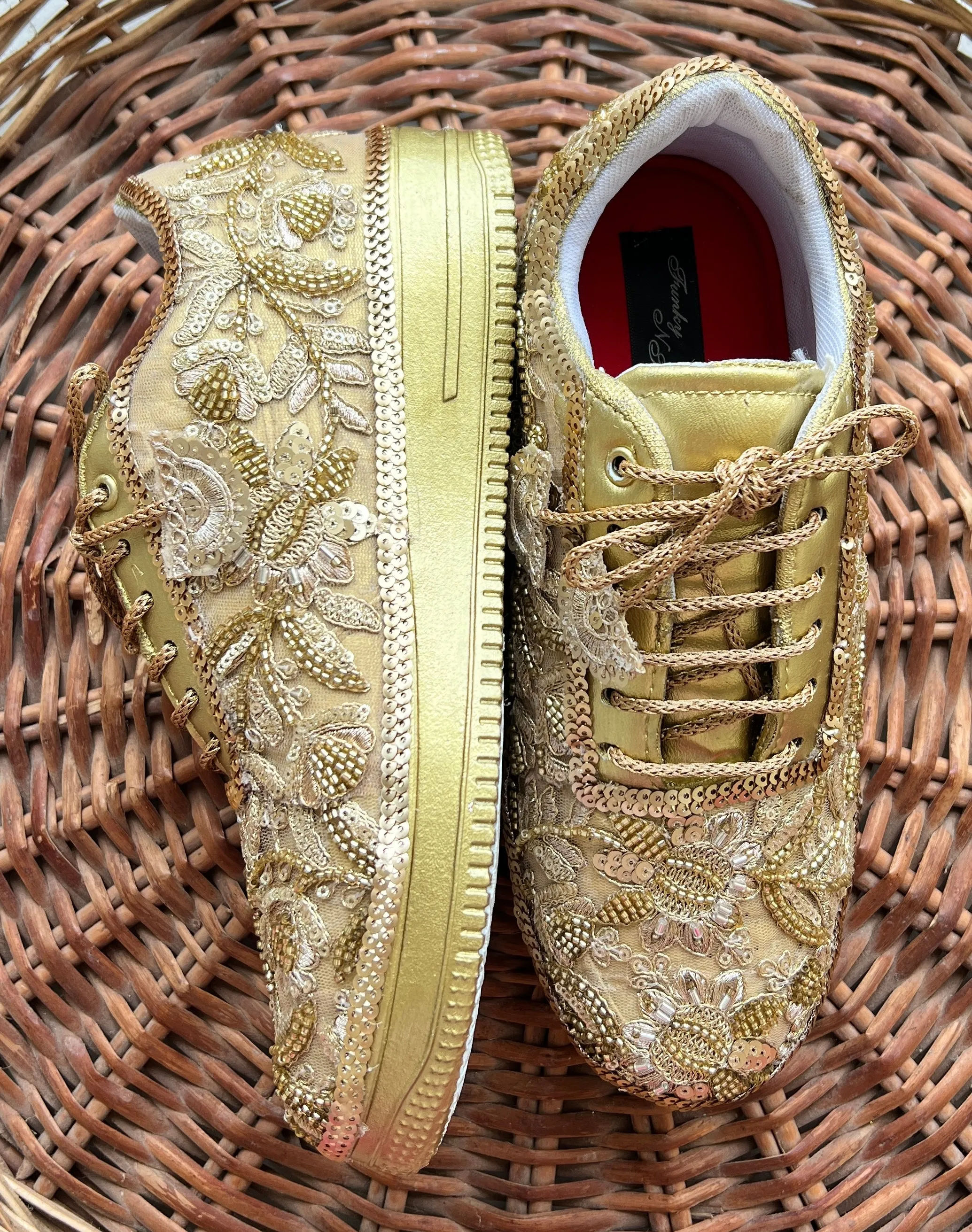 Funky N Trendy hand crafted golden bridal sneakers bridesmaid sneakers/ gold sneakers / golden sneakers / mirror sneakers/hand embroidered sneakers/ bride shoes / bridal sneakers /bridal shoes