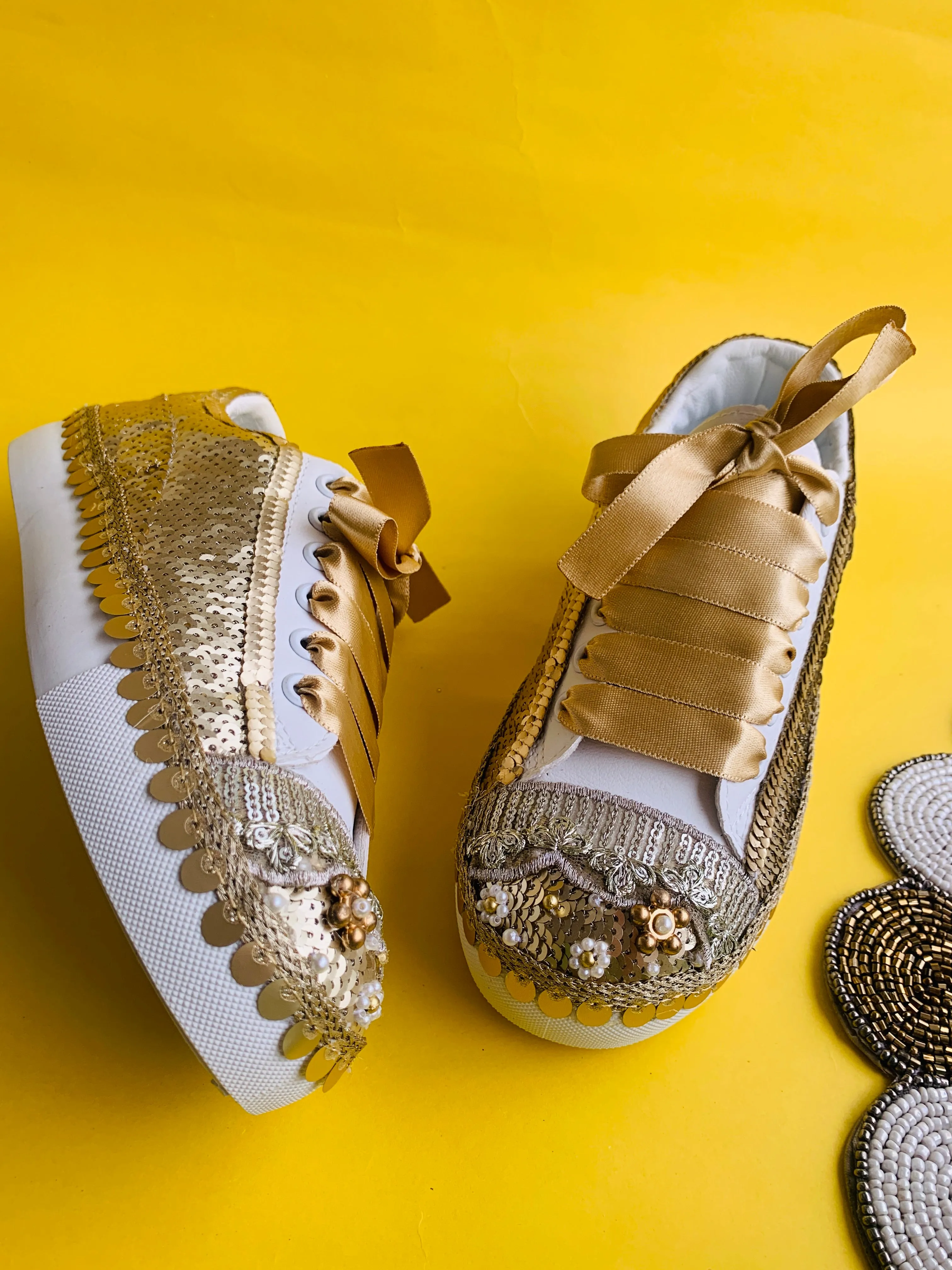 FUNKY N TRENDY handcrafted golden sequine work bridal sneakers / bridesmaid sneakers/ gold sneakers / golden sneakers / sequine work sneakers / gold shoes