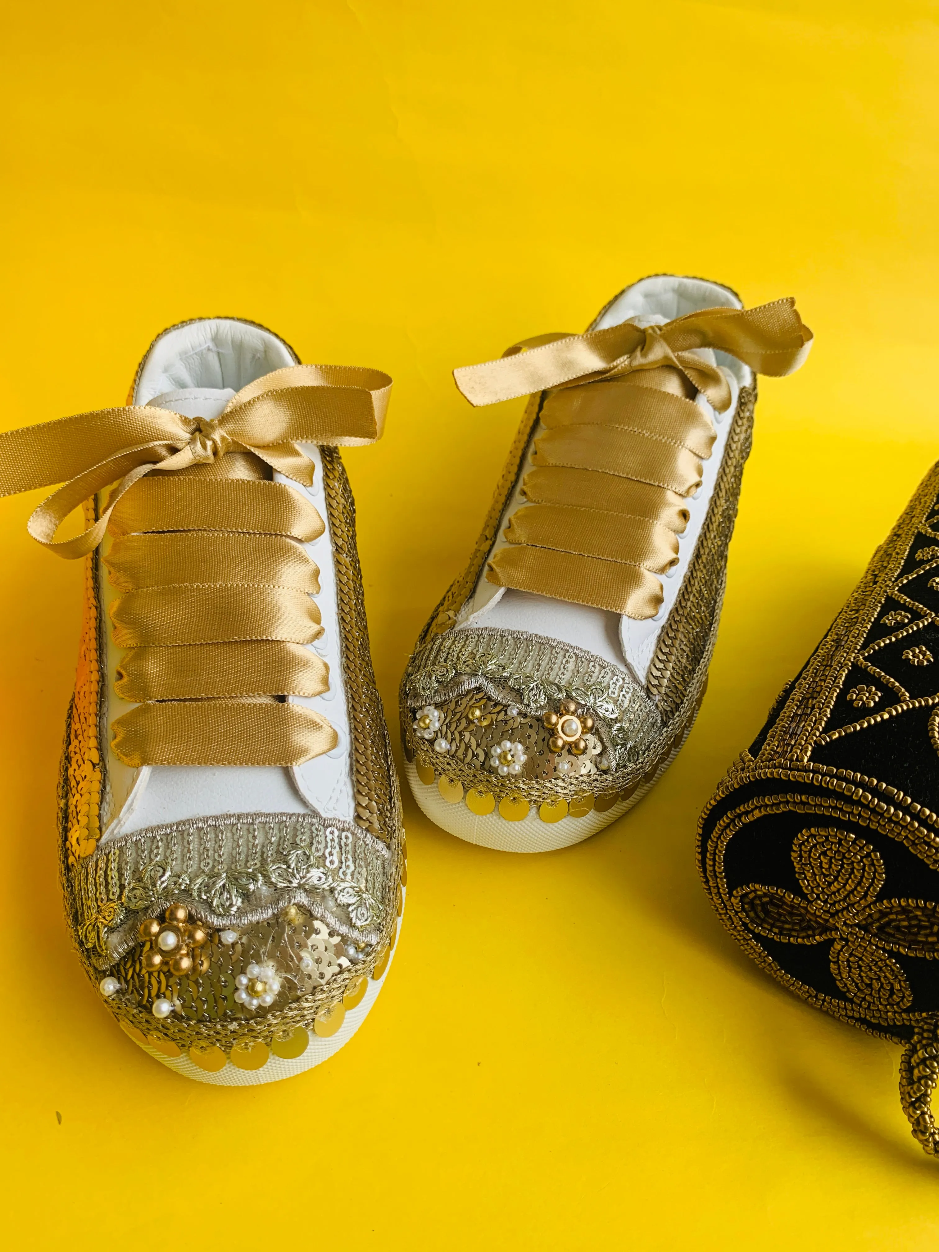 FUNKY N TRENDY handcrafted golden sequine work bridal sneakers / bridesmaid sneakers/ gold sneakers / golden sneakers / sequine work sneakers / gold shoes