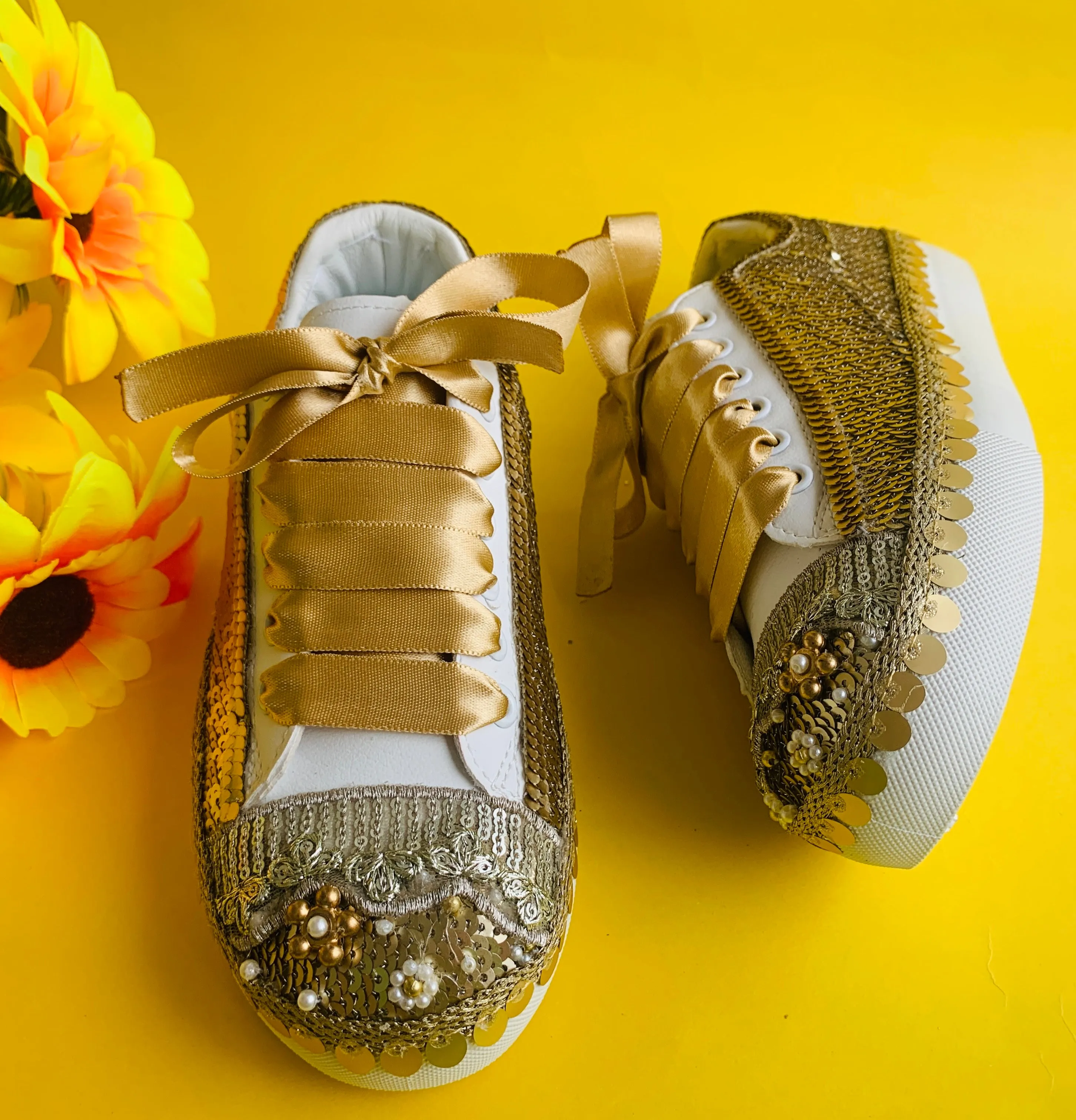 FUNKY N TRENDY handcrafted golden sequine work bridal sneakers / bridesmaid sneakers/ gold sneakers / golden sneakers / sequine work sneakers / gold shoes