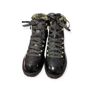 Glittery Black Patent Leather Fur Collar Combat Boots