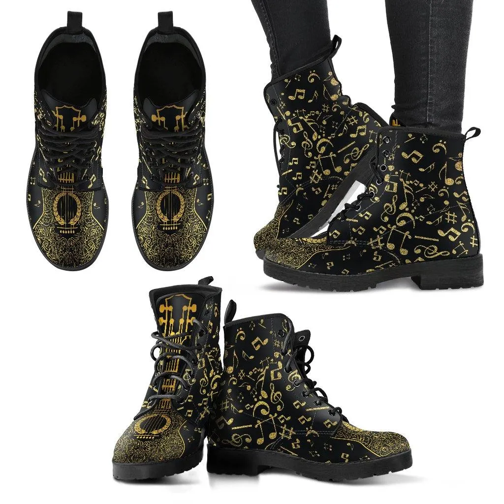 Gold Music Notes  Memory Foam Boots | All Season Lace Up Boots | Vegan Leather Combat Boot by Manifestie