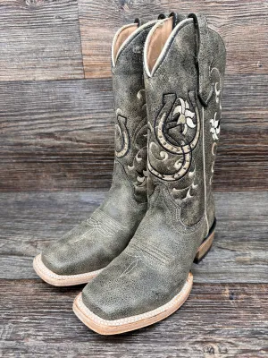 J7115 Teens Circle-G Black & Bone Embroidered Square Toe Western Boots by Corral