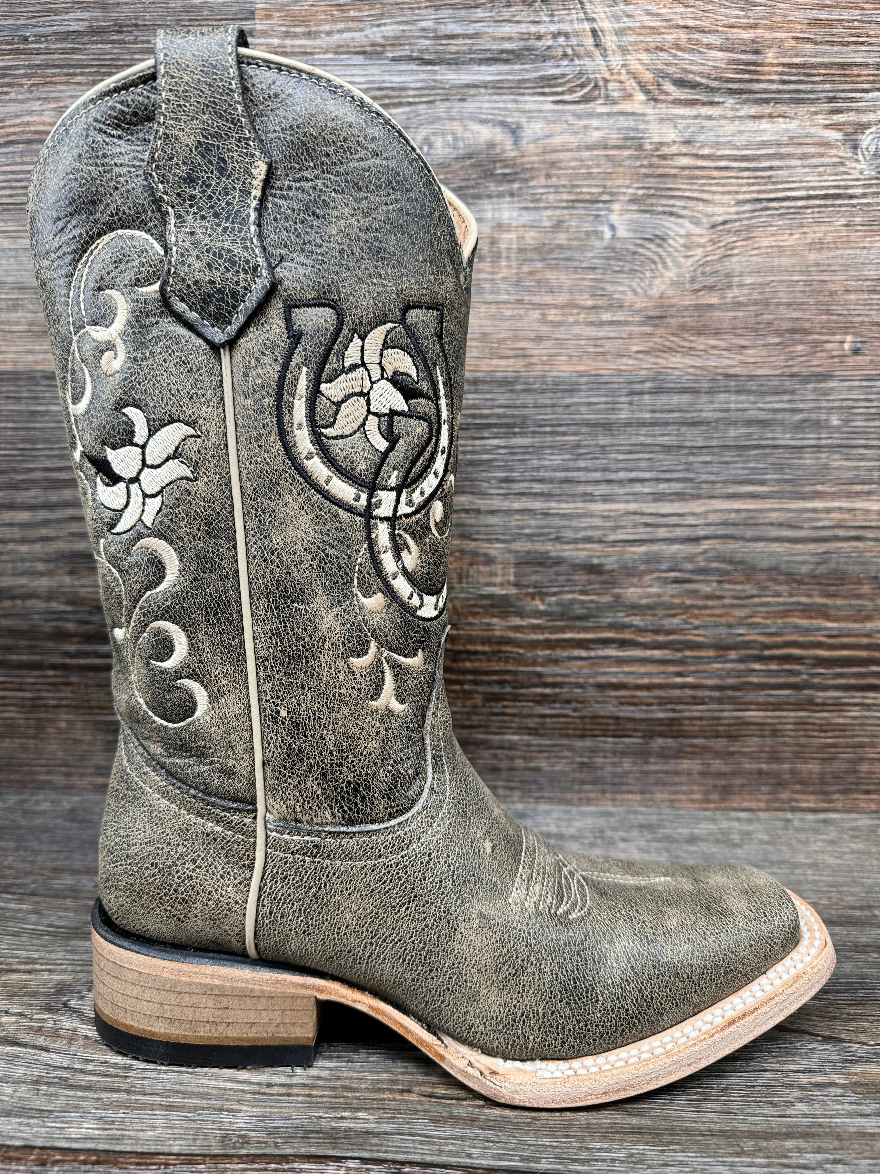 J7115 Teens Circle-G Black & Bone Embroidered Square Toe Western Boots by Corral