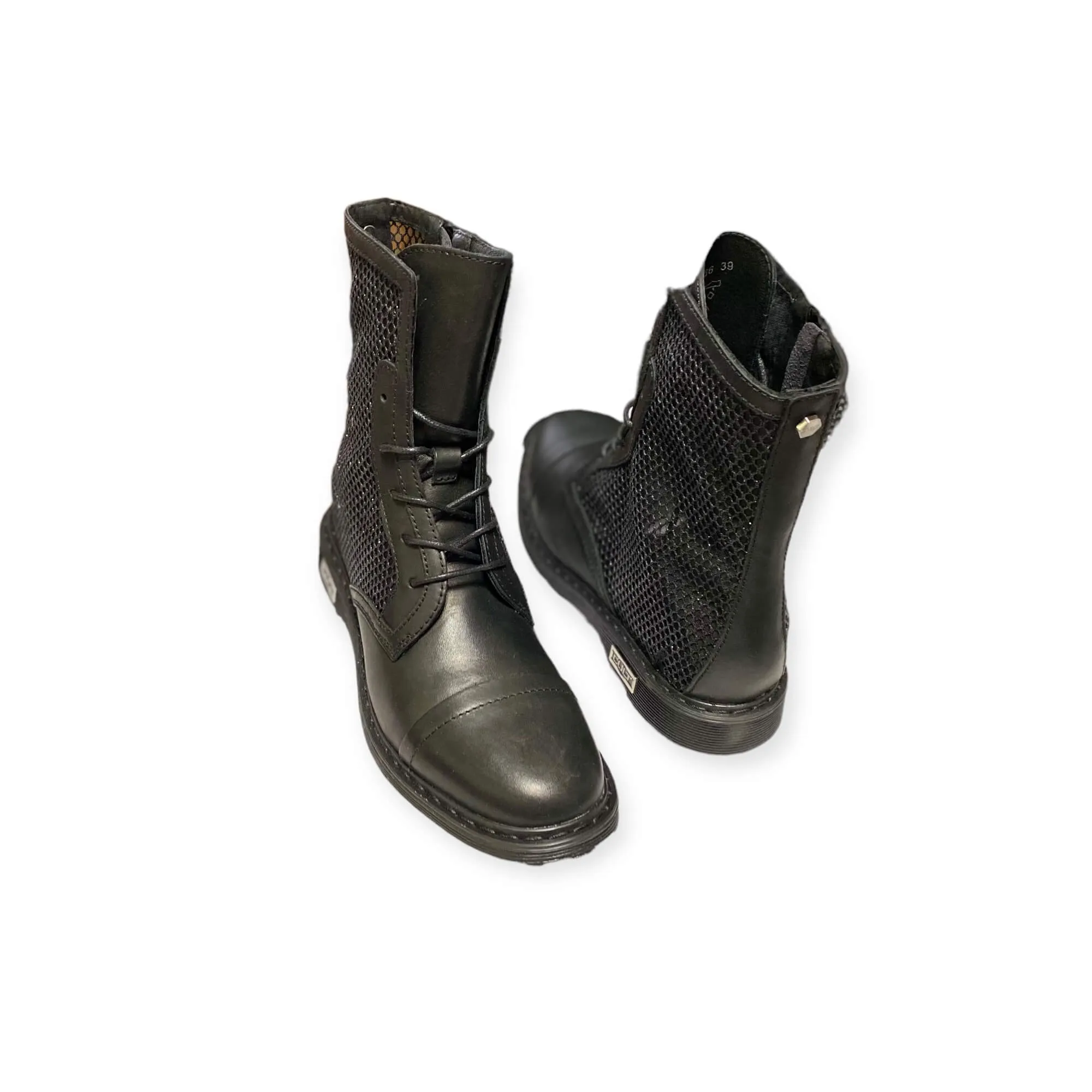 Leather Metallic Mesh Combat Boots