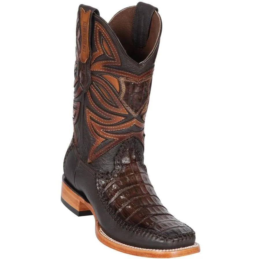 Los Altos Boots Mens #82F8216 Wide Square Toe | Genuine Caiman Belly & Deer Boots | Color Faded Brown