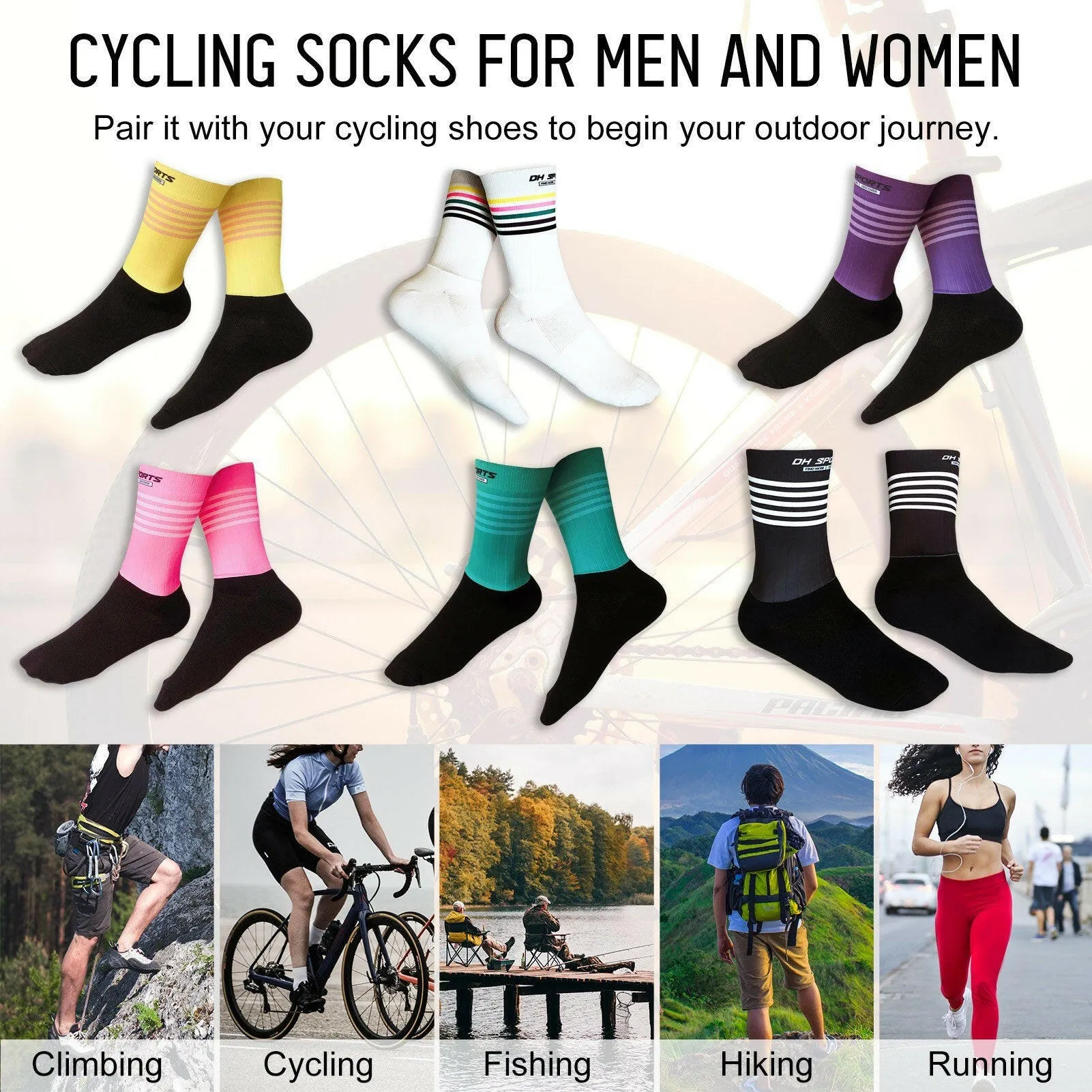 Men Women Bike Socks Splicing Stripes Print Breathable Anti-Slip Stretchy Soft Bicycle Racing Hiking Cycling Stockings