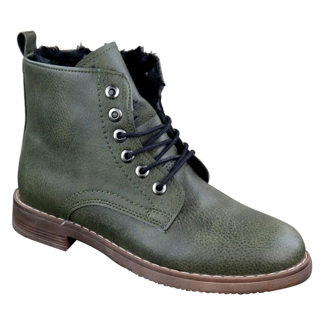 Mens Laced Zip Ankle Boots Fur Fleece Lined Warm Casual Hiking Combat Military