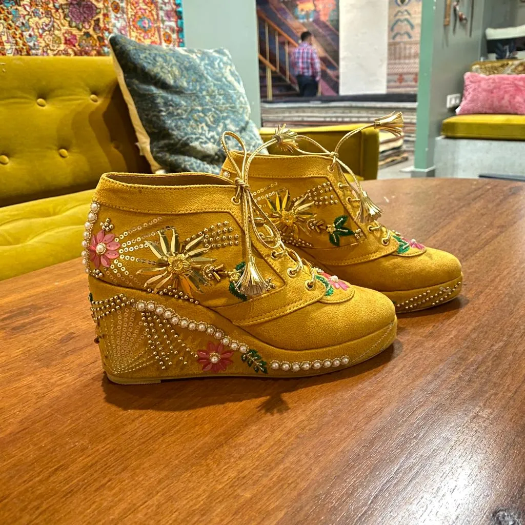 Mustard Bead Embroidery Bridal Sneaker Wedges - Customized Wedding Shoes | Tiesta