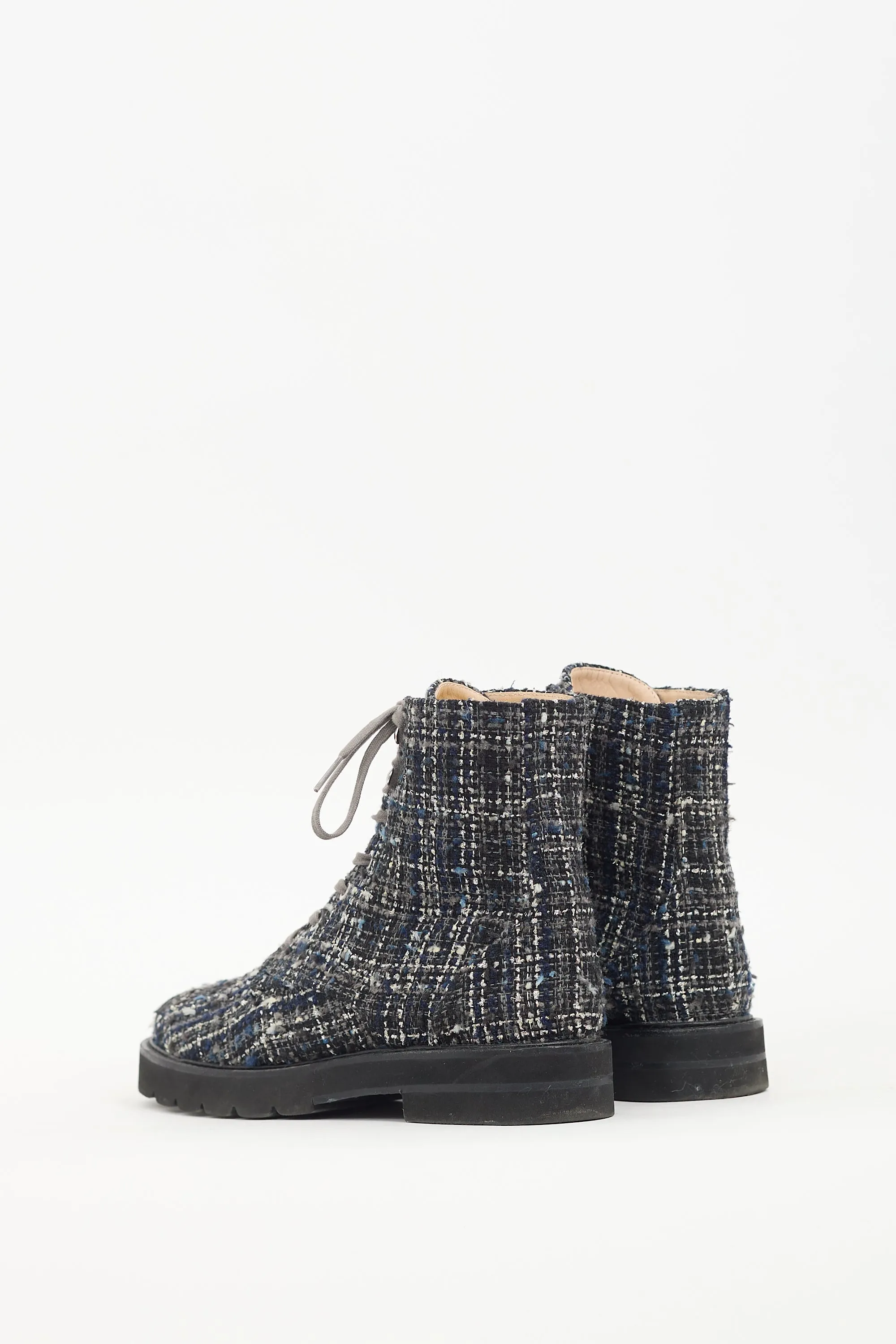 Navy & White Tweed Combat Boot