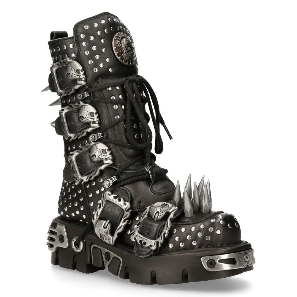 New Rock 1535-S1 Black Leather Military High Boots Metal Spikes Buckles Punk EMO