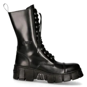 New Rock M-WALL127N-C1 Boots Black Leather Wall Rock Biker Mid-Calf Tower Boots