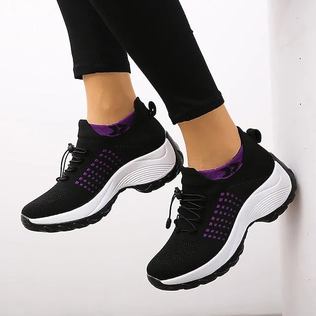 Purpdrank - Women's Sneakers Hiking Boots Flyknit Shoes Outdoor Rivet Flat Heel Round Toe Sporty Casual Hiking Shoes Elastic Fabric Lace-up Color Block Wine Black / White Pink / Grey