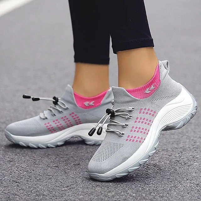 Purpdrank - Women's Sneakers Hiking Boots Flyknit Shoes Outdoor Rivet Flat Heel Round Toe Sporty Casual Hiking Shoes Elastic Fabric Lace-up Color Block Wine Black / White Pink / Grey