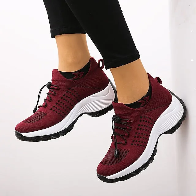 Purpdrank - Women's Sneakers Hiking Boots Flyknit Shoes Outdoor Rivet Flat Heel Round Toe Sporty Casual Hiking Shoes Elastic Fabric Lace-up Color Block Wine Black / White Pink / Grey