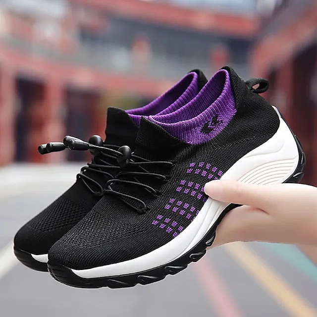 Purpdrank - Women's Sneakers Hiking Boots Flyknit Shoes Outdoor Rivet Flat Heel Round Toe Sporty Casual Hiking Shoes Elastic Fabric Lace-up Color Block Wine Black / White Pink / Grey