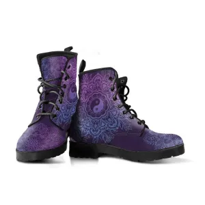 Purple YinYang Mandala  Memory Foam Boots | All Season Lace Up Boots | Vegan Leather Combat Boot by Manifestie