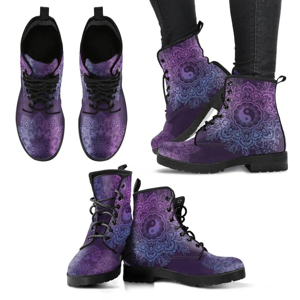 Purple YinYang Mandala  Memory Foam Boots | All Season Lace Up Boots | Vegan Leather Combat Boot by Manifestie