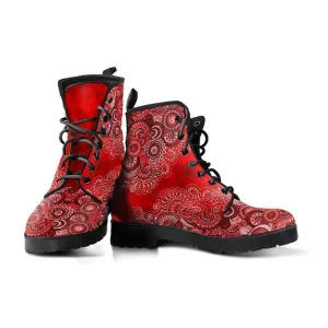 Red Paisley Mandala  Memory Foam Boots | All Season Lace Up Boots | Vegan Leather Combat Boot by Manifestie