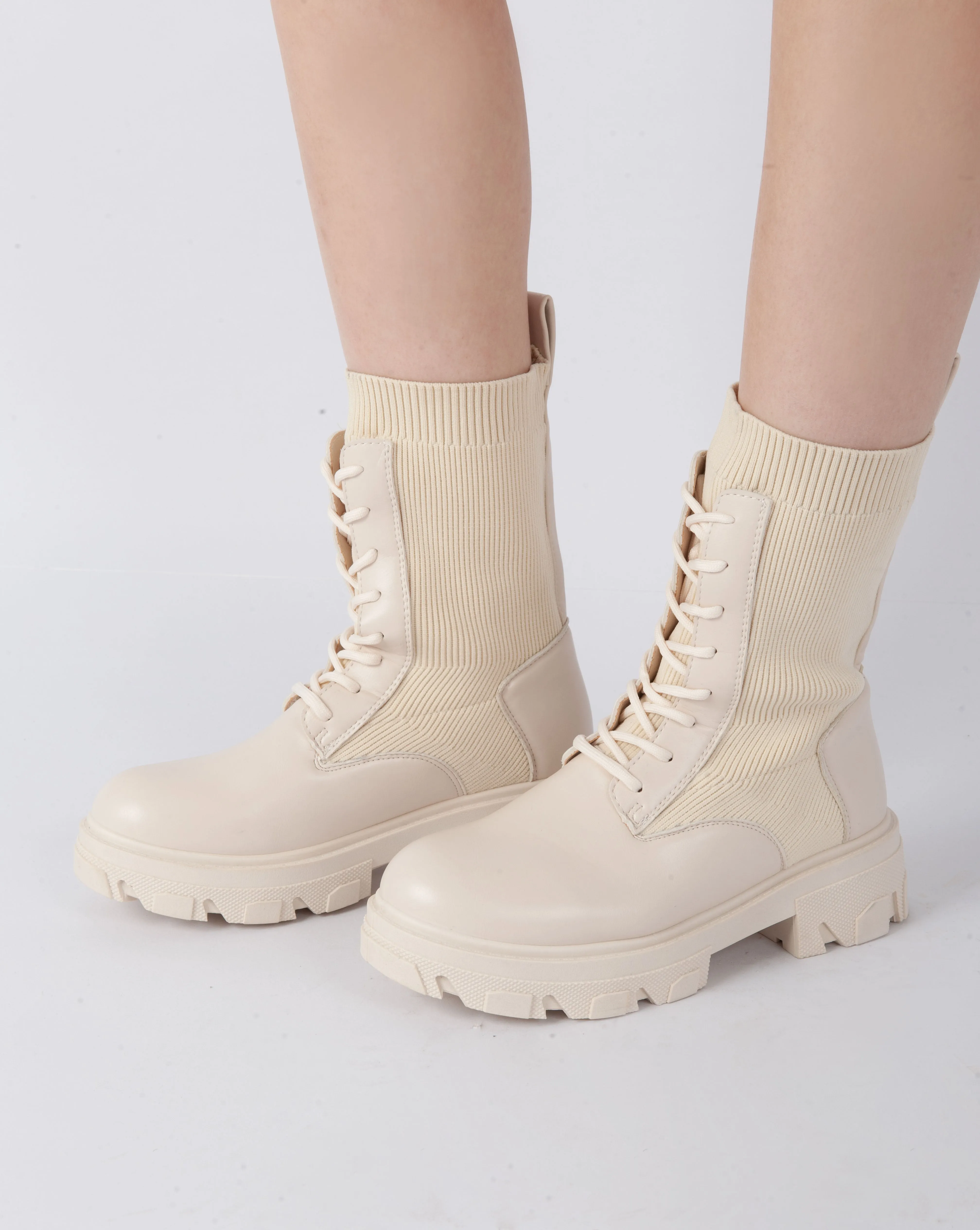 Ribbed Combat Boots - Beige