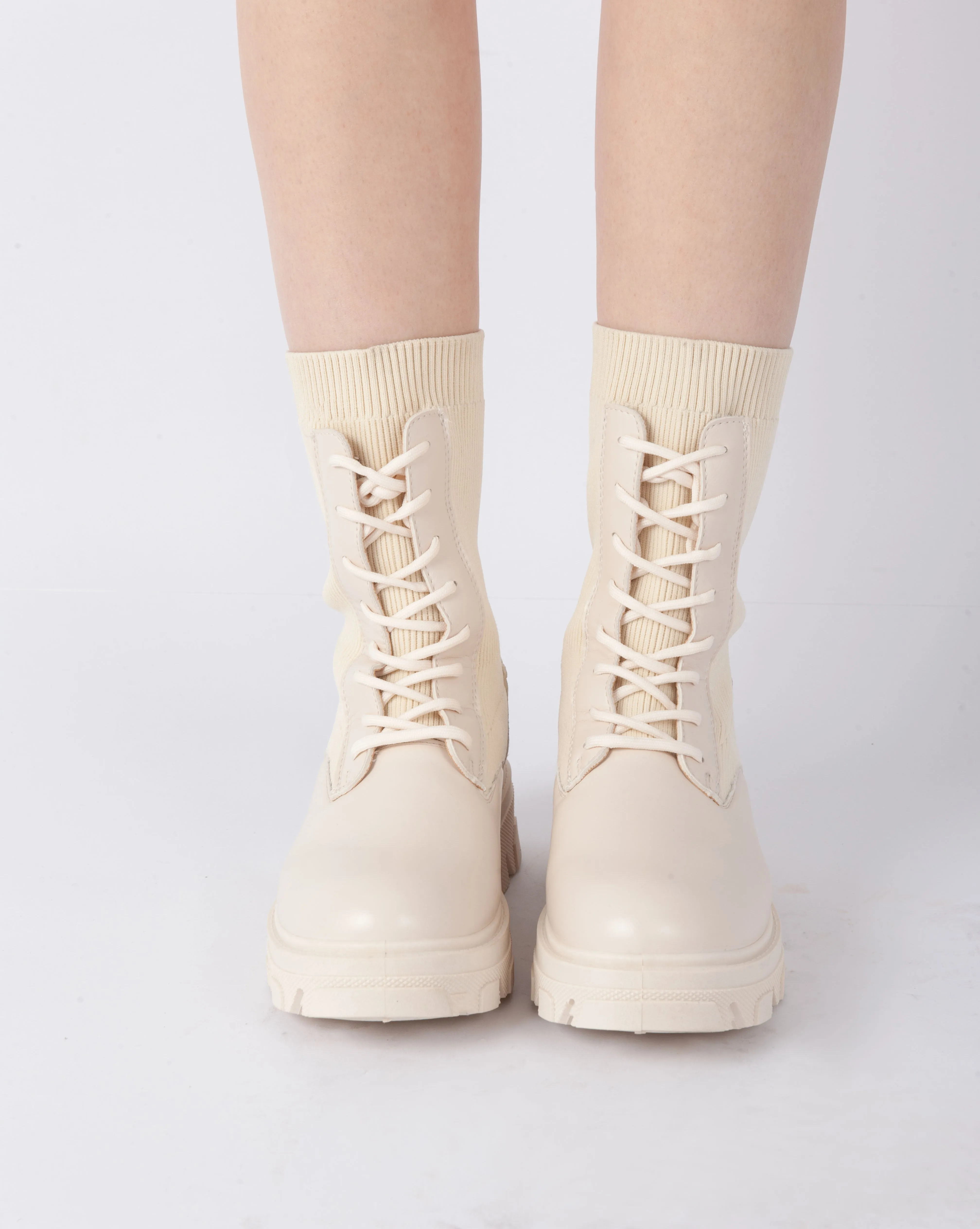 Ribbed Combat Boots - Beige