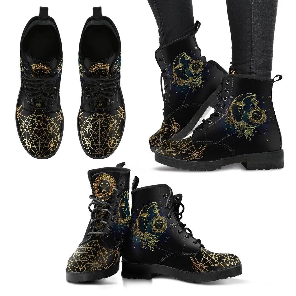 Sacred Geometry Sun & Moon  Memory Foam Boots | All Season Lace Up Boots | Vegan Leather Combat Boot by Manifestie