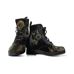 Sacred Geometry Sun & Moon  Memory Foam Boots | All Season Lace Up Boots | Vegan Leather Combat Boot by Manifestie