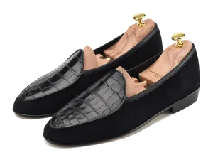 Sagan Classic Precious Leather Loafers in Black Suede and Crocodile