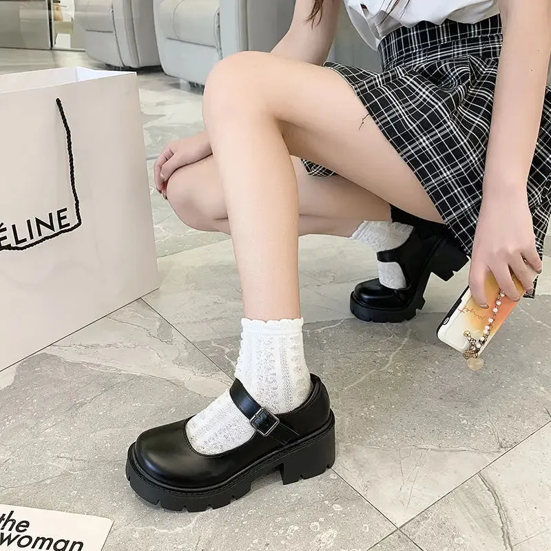 Sohiwoo Mary Jane Women Lolita Shoes Japanese Girl Platform Black High Heels Fashion Round Toe Patent Faux Leather Student Cosplay Shoes