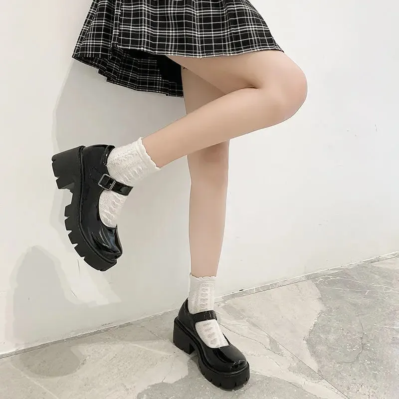 Sohiwoo Mary Jane Women Lolita Shoes Japanese Girl Platform Black High Heels Fashion Round Toe Patent Faux Leather Student Cosplay Shoes