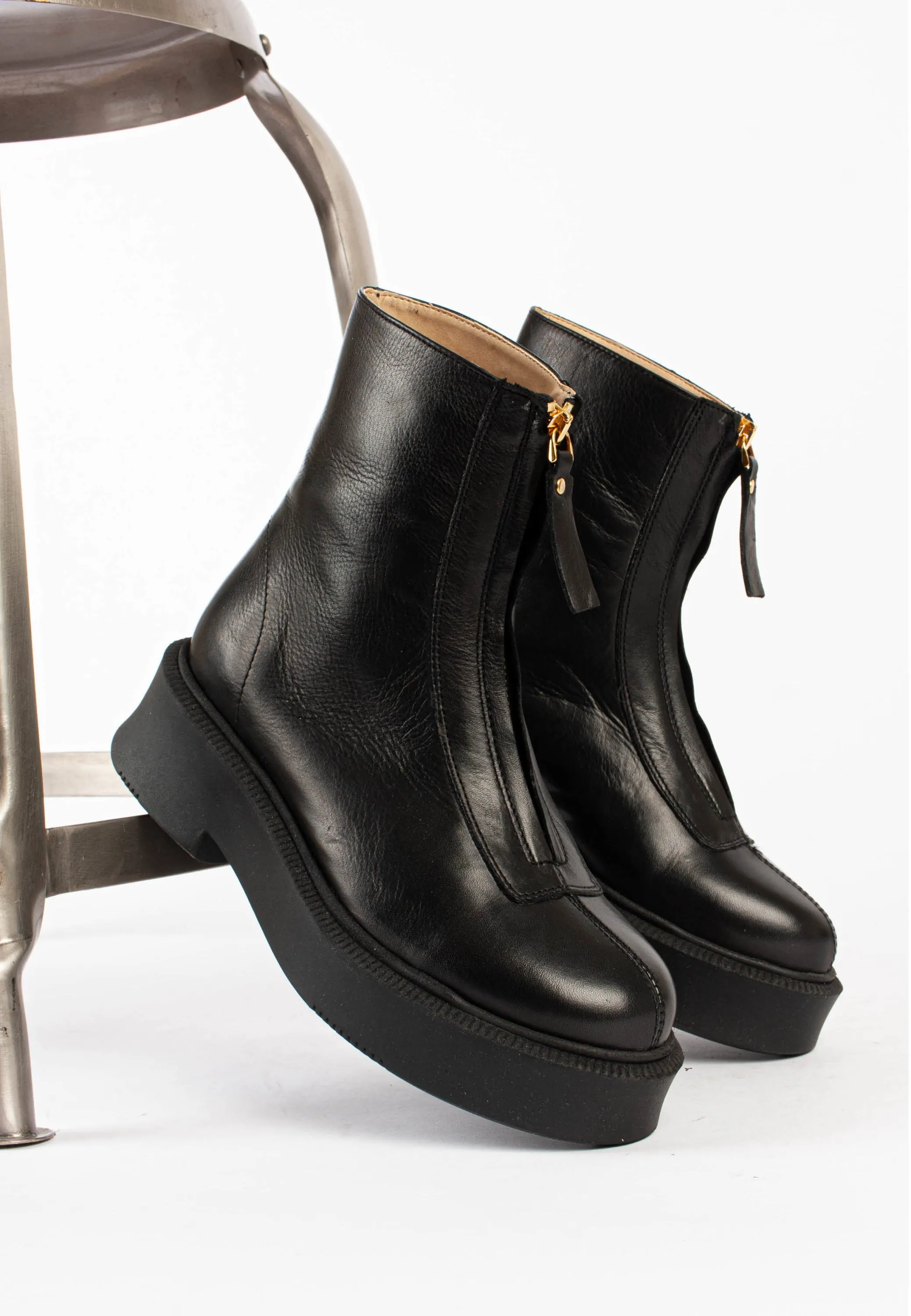 Vela Front Zip All Black Ankle Boots